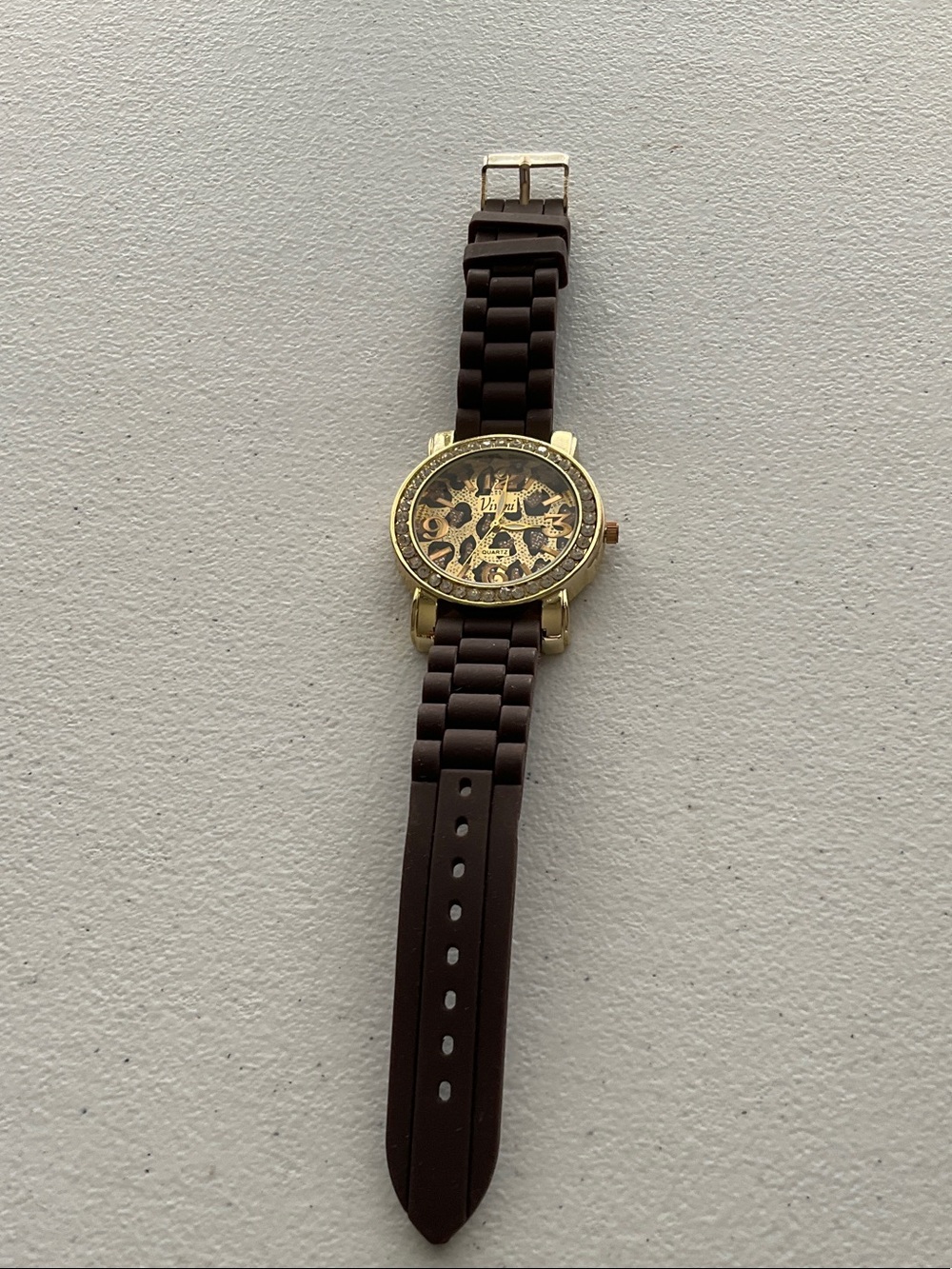 Vivani Gold Face Brown Silicone Leopard Print Watch